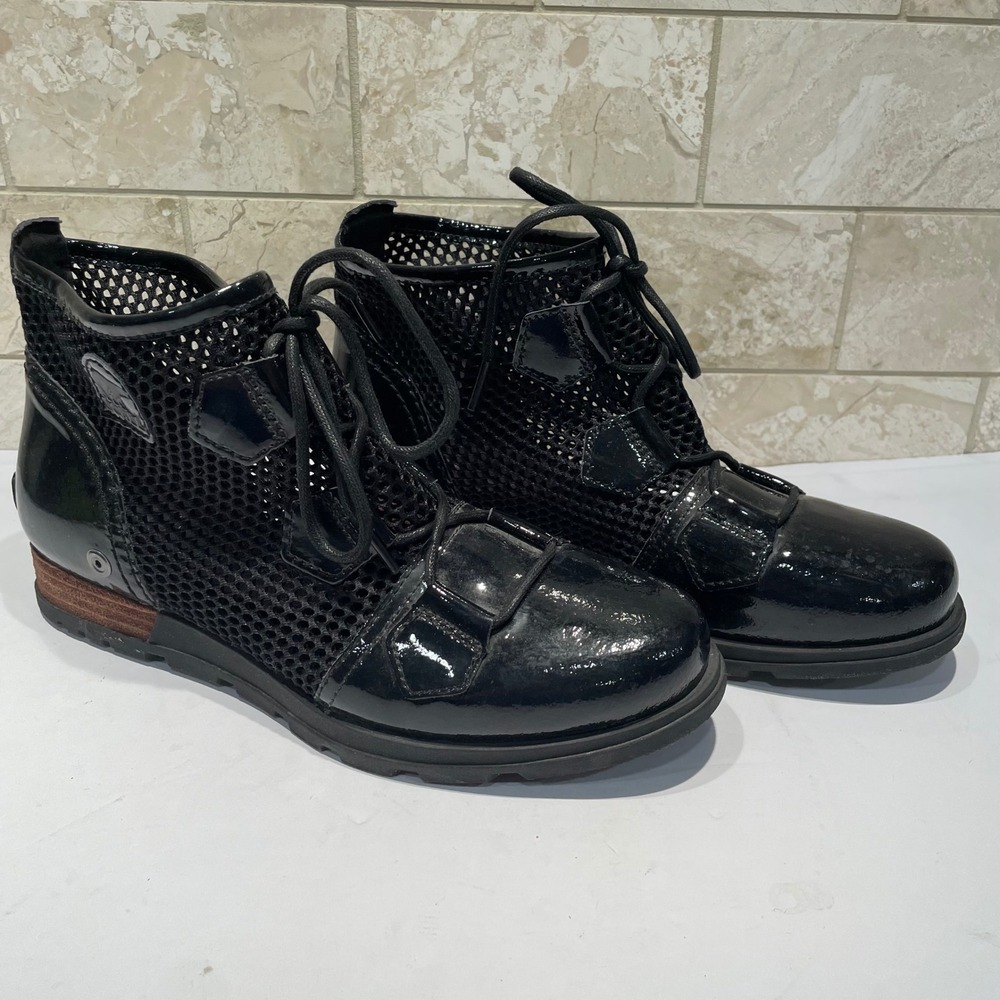 Sorel Major Lace Black Mesh Patent Leather Ankle Boots Womens 8.5